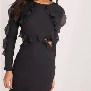 Open back black ruffle trim dress